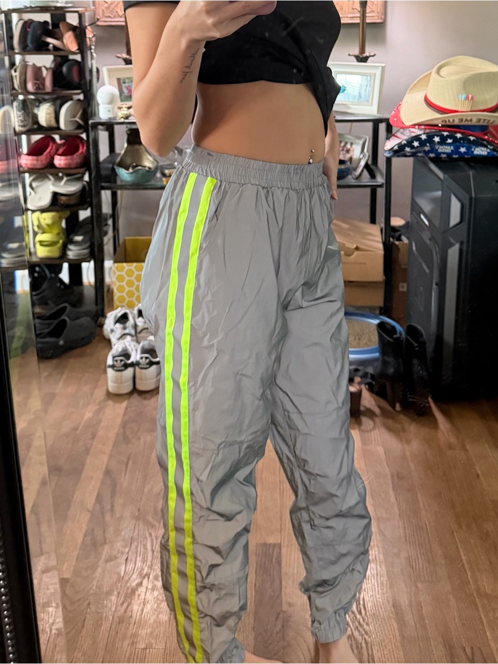 Fashion Nova Gray Track Pants with Neon Yellow Stripes